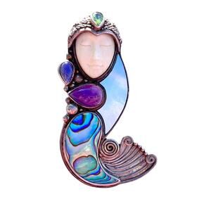 Sajen Brooch Pendant Silver Water Goddess Abalone Shell Amethyst Lolite Peridot